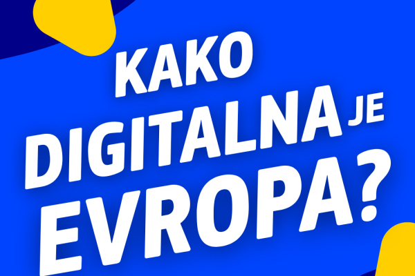 Poročilo o stanju digitalnega desetletja 2025 (Foto: napis "Kako digitalna je Evropa?" na modri podlagi)